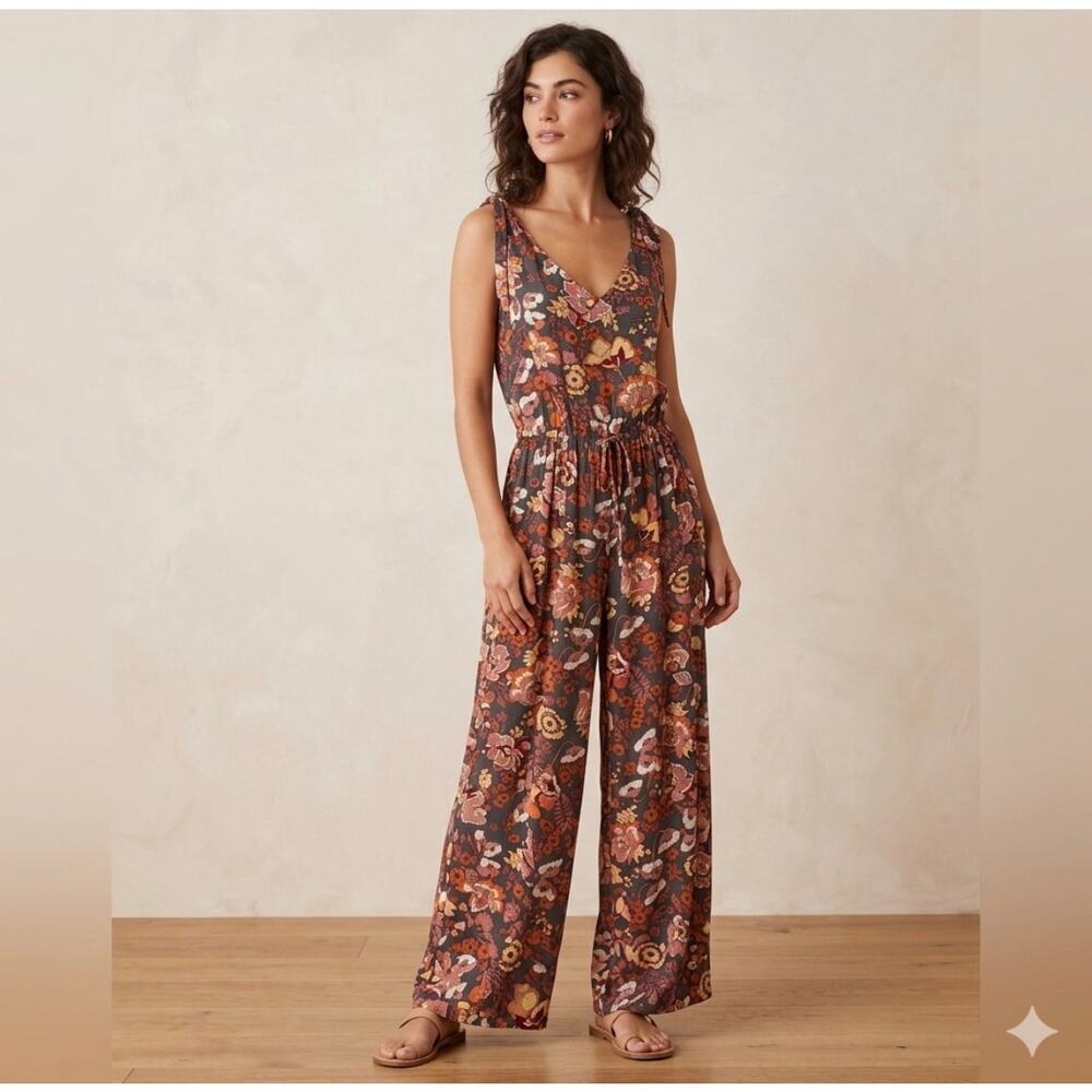 Rusttydustty Boho Floral Jumpsuit 2XL V-Neck/Back Cinch Waist Wide Leg Cottage